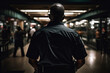 Security Guard In Black Stands With His Back To An Outoffocus Bar. Generative AI