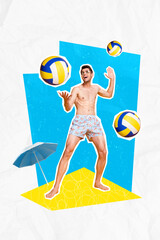 Sticker - Poster creative illustration pop pinup sketch picture image collage of cheerful crazy sporty guy play volleyball on drawing background