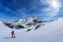 Austria, Tyrol,Female Skier AtHundskehljochpass