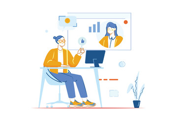 Wall Mural - concept webinar with people scene in the flat cartoon design. business woman holds a webinar about a