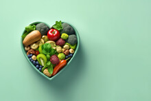 Diet Food For Health With Heart Bowl. Baner, Place For Text. 