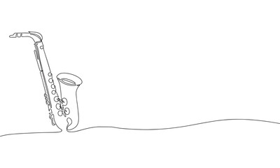 Saxophone music instrument. One line continuous saxophone. Line art, outline, single line silhouette. Hand drawn vector illustration. 