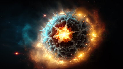 Fototapete - View of the birth of a star in space during a nebula explosion. Nuclear fusion of cosmic clouds of gas and dusts. Universe background. Generative ai