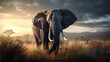 Powerful Elephant Runs In Breathtaking Landscape With Dramatic Cloudy Sky And Bright Sunlight - Generative AI