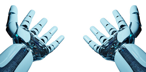 Poster - Isolated robot hand. 3D rendering white and blue cyborg arm in dark lighting. Humanoid open palm cut out with transparent background