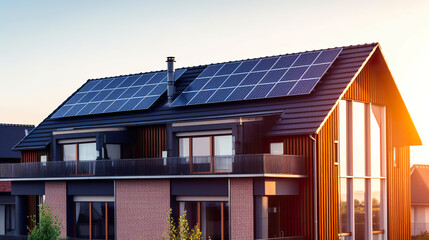 A house with solar panels on the roof. Generative AI.