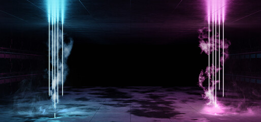 Aufkleber - Futuristic blue and pink neon lights interior. Cyber neon laser tubes in garage room hangar. Sci fi dark tunnel warehouse with metal panels wall lighted. Construction corridor 3d Rendering