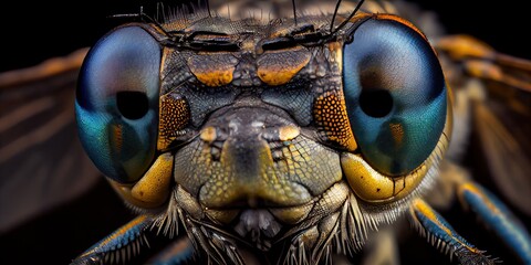 Insect Head Macro Photo, Dragonfly Close-Up, Faceted Eyes, Damselfly Abstract AI Generative Illustration