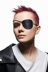  beautiful woman with pirate eye patch and short pink hair