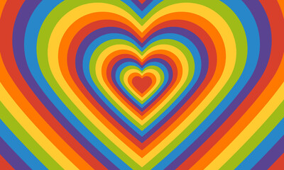 Wall Mural - Pride rainbow colored heart shaped tunnel. Retro background in groovy psychedelic style. Clipping mask vector.