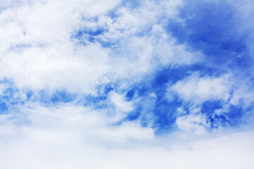 Wall Mural - White cirrus clouds blue sky background, fluffy cumulus cloud texture closeup, beautiful cloudy skies, cloudscape, summer sunny day heaven, cloudiness weather backdrop, ozone layer, overcast, oxygen