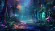 Beautiful iridescent glowing tropical jungle with colourful trees, flowers and leaves in purple blue light. Exotic vegetation landscape background. Generative AI.