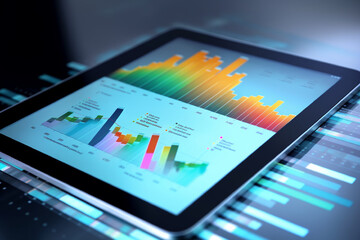 Digital online technology, businessman and tablet analyzing sales marketing data growth and economic and financial growth chart by generative AI.