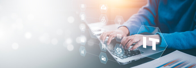 IT Consulting Presents Tag Cloud on Information Technology Concept, Business people using laptops with Consulting Presents global internet connection technology business, digital marketing, big data.