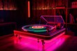 Neon Lit Room Turntable with Record Player. AI