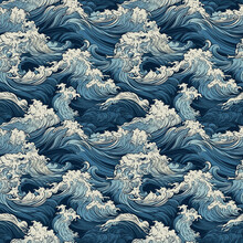 Seamless Texture: Sea Waves Pattern In Old Vintage Japanese Style. Generative AI