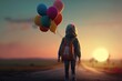 © inna717 - Happy child playing with bright colorful balloons outdoors. The concept of a healthy and active lifestyle. Rear view ,generative AI