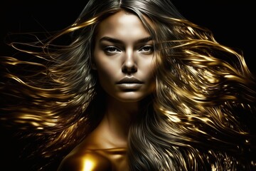 Model girl with golden make-up and long golden hair, on a black background. Golden glowing skin and flowing hair. art portrait, Generative AI