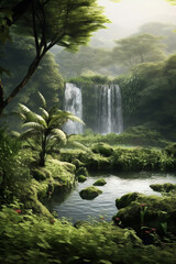 Poster - A tranquil image of a misty waterfall surrounded by lush green vegetation, creating an atmosphere of serenity and natural beauty.  Generative AI technology.