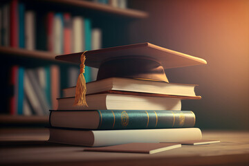 Graduation cap on a beige background on a stack of books with space for text. On the background of balloons and confetti. With Generative AI tehnology