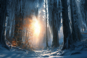 Poster - a frozen forest, with branches adorned with icicles and a soft glow of sunlight filtering through the frozen canopy. Generative AI technology.