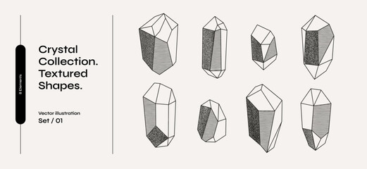 Set of crystals drawn with thin lines. Set of gems or minerals. Collec􀆟on of irregular geometric shapes on a light isolated background. Graphic elements for your design.