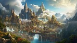 Fototapeta Londyn - Landscape of Medieval Fantasy City Surrounded By Mountains Generative AI