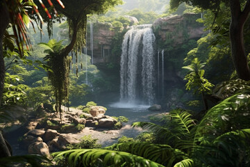 Poster -  cascading waterfall, with sparkling water droplets and lush vegetation that extends from the foreground to the background, creating a sense of movement and vitality.Generative AI technology.