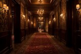 Fototapeta  - A dimly lit hallway with ornate doors, reminiscent of the iconic mansion. Generative AI