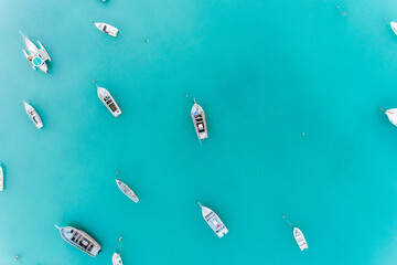 Wall Mural - Aerial view of the top of the boat on the sea.
