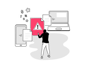 Leinwandbilder - Illustration of a man-in-the-middle attack symbol with two devices communications and a hacker modifying their private data and using them for malicious purposes.