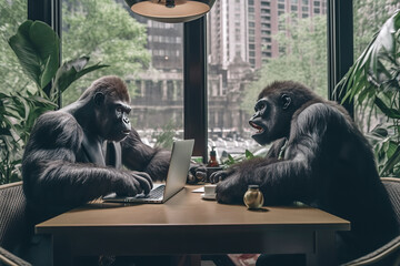 Wall Mural - Image of two gorillas in business suits in a meeting in a New York cafe yelling at each other.