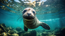 A Seal Swimming Under The Water In The Ocean. Generative AI.