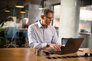 Businessman working with laptop at office. Businessman sitting at office desk working on laptop computer..
