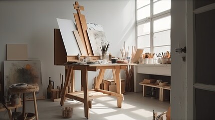 interior of modern artist studio with wooden easel, canvas, painting tools