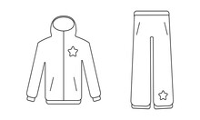 Vector Outline Illustration Of The Snowboarding Clothes. Jacket And Pants. Black And White Web Line Icon Isolated. Skiing Or Traveling Equipment