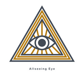 All seeing eye in triangle pyramid vector ancient symbol in modern linear style isolated on white, eye of god, masonic sign, secret knowledge illuminati.