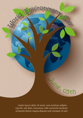 Wall Mural - origami and paper cut in tree shape with giant global and wording of world environment day on light 
