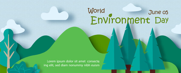 Wall Mural - origami and paper cut wild concept with wording of world environment day on blue background. poster 
