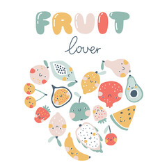 Sticker - Tropical fruits in the shape of a heart template with the inscription fruit lover. A cute baby print in a pastel palette is perfect for printing. Hand-drawn simple cartoon style for kids.