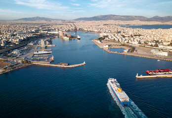 Wall Mural - aerial view of the piraeus harbour and district at athens, greece, hub for tourists and ferry boats