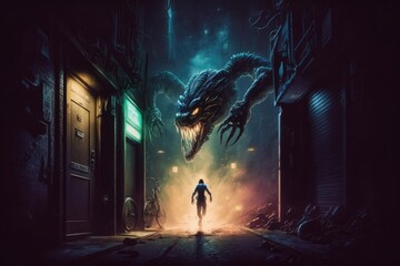 Wall Mural - alien blaster running through dark and mysterious alleyway in the night, created with generative ai