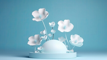 white podium with blue flowers on pastel blue background. stage for presentation cosmetic product. Generative AI