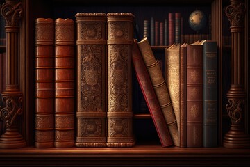 Wall Mural - bookshelf lined with antique books and scrolls, created with generative ai