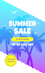 Summer sale banner design features a tropical beach landscape with palm trees, blue sky, and a sunset. The template includes a Shop Now button, zig zag geometry pattern, and typographic text