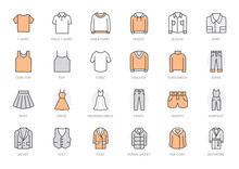 Clothing Line Icon Set. Dress, Polo T-shirt, Jeans, Winter Coat, Jacket Pants, Skirt Minimal Vector Illustrations. Simple Outline Signs For Fashion Application. Orange Color. Editable Stroke
