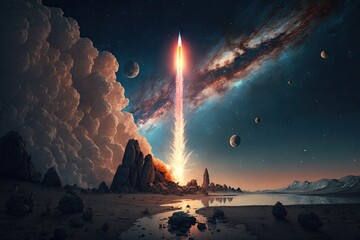 Wall Mural - rocket launch with view of the stars and planets in the night sky, created with generative ai