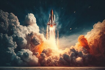 Wall Mural - rocket blast off, with stars and clouds in the background, created with generative ai