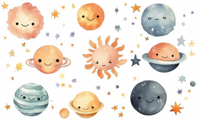Wall Mural - planet watercolor for kids easy drawing kids style cute