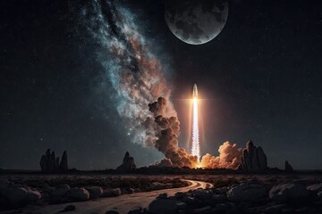 Wall Mural - rocket launch, with view of the night sky, and stars visible, created with generative ai